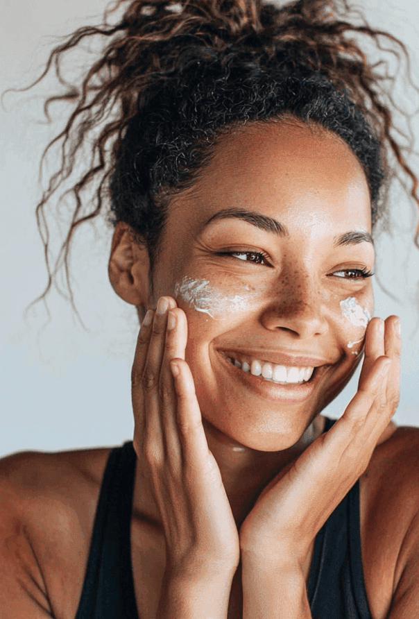 Smiling woman applying face cream